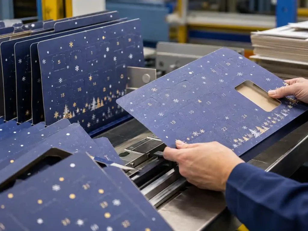 Assembly line close-up of custom window advent calendar boxes being folded and checked