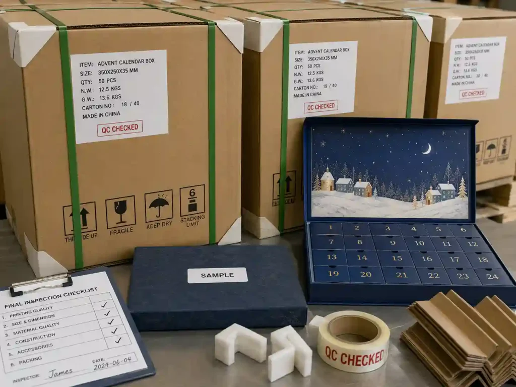 Final pre-shipment inspection with sealed cartons and sample reference for advent calendar boxes