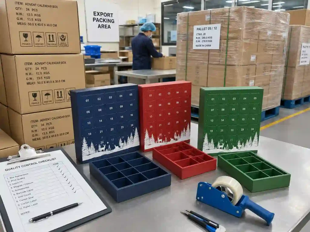 Export packing area with cartons and QC checklist for removable insert advent calendar boxes