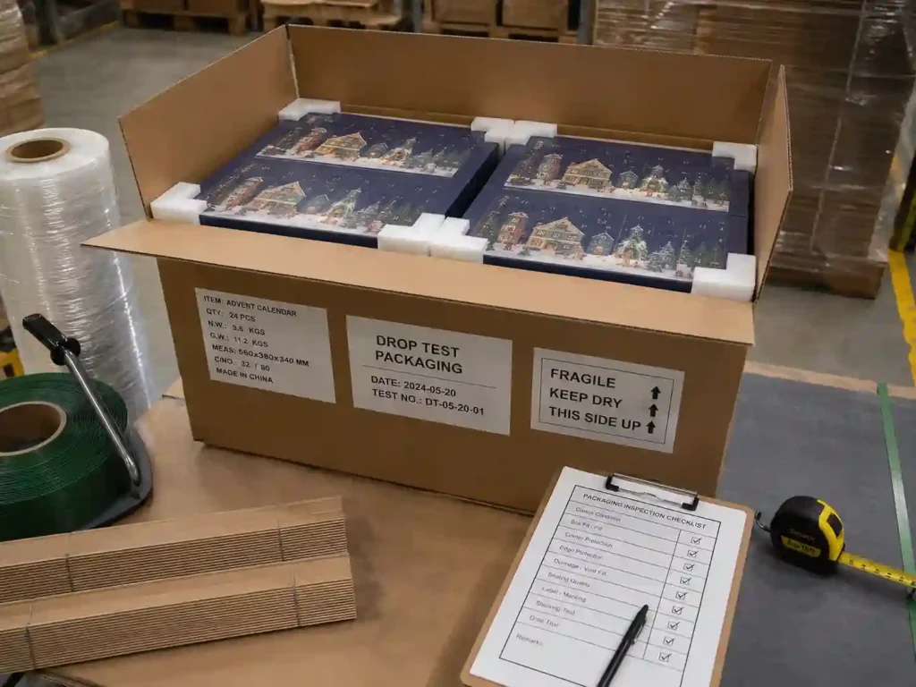 Protective packing and carton test scene for custom advent calendar box export orders