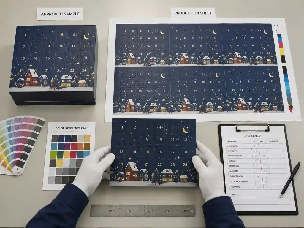 Quality control bench checking color consistency for custom advent calendar box production