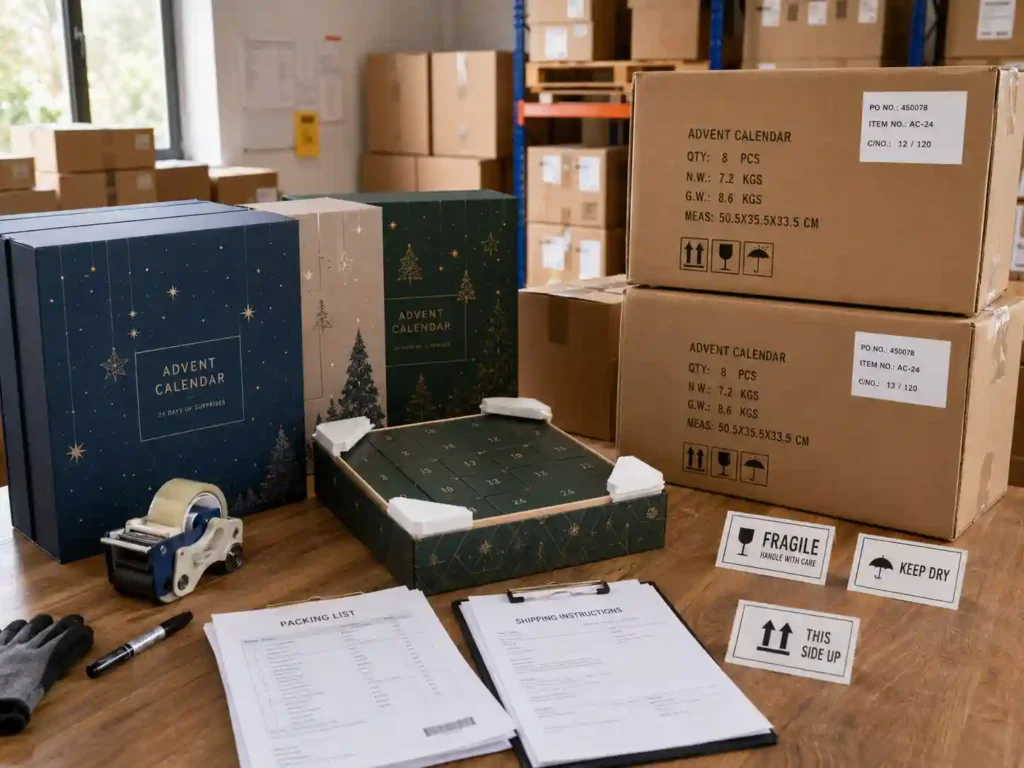 International logistics preparation scene with generic documents and cartons for magnetic closure advent calendar boxes