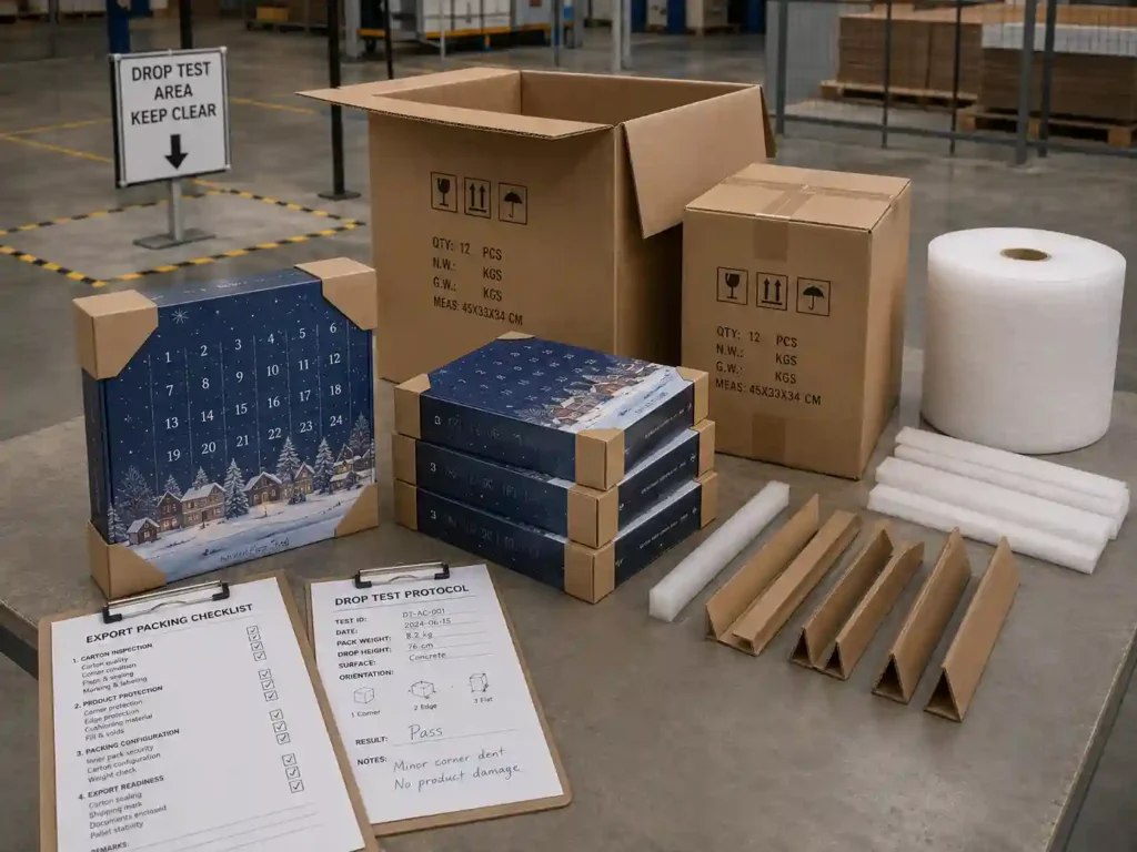 Protective packing test scene for advent calendar boxes before export shipment