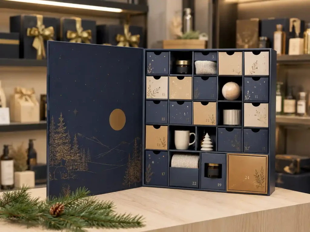 Premium paperboard advent calendar gift set presentation for B2B retail packaging projects