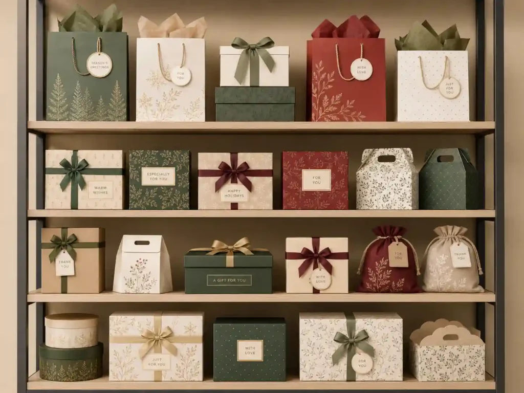 Retail shelf mockup with seasonal rigid advent calendar boxes in neutral brand-safe graphics