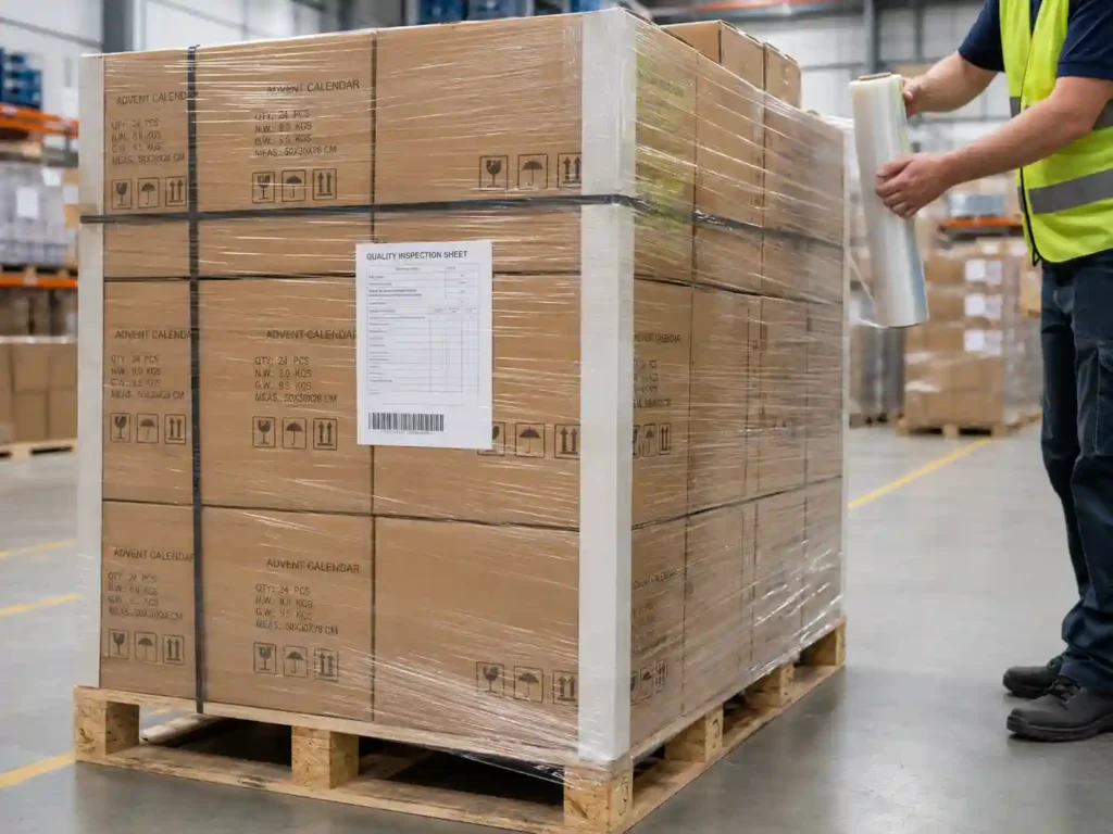 Warehouse pallet preparation for overseas shipment of spot UV advent calendar boxes