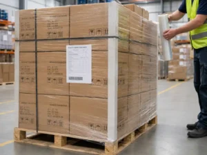 Warehouse pallet preparation for overseas shipment of spot UV advent calendar boxes