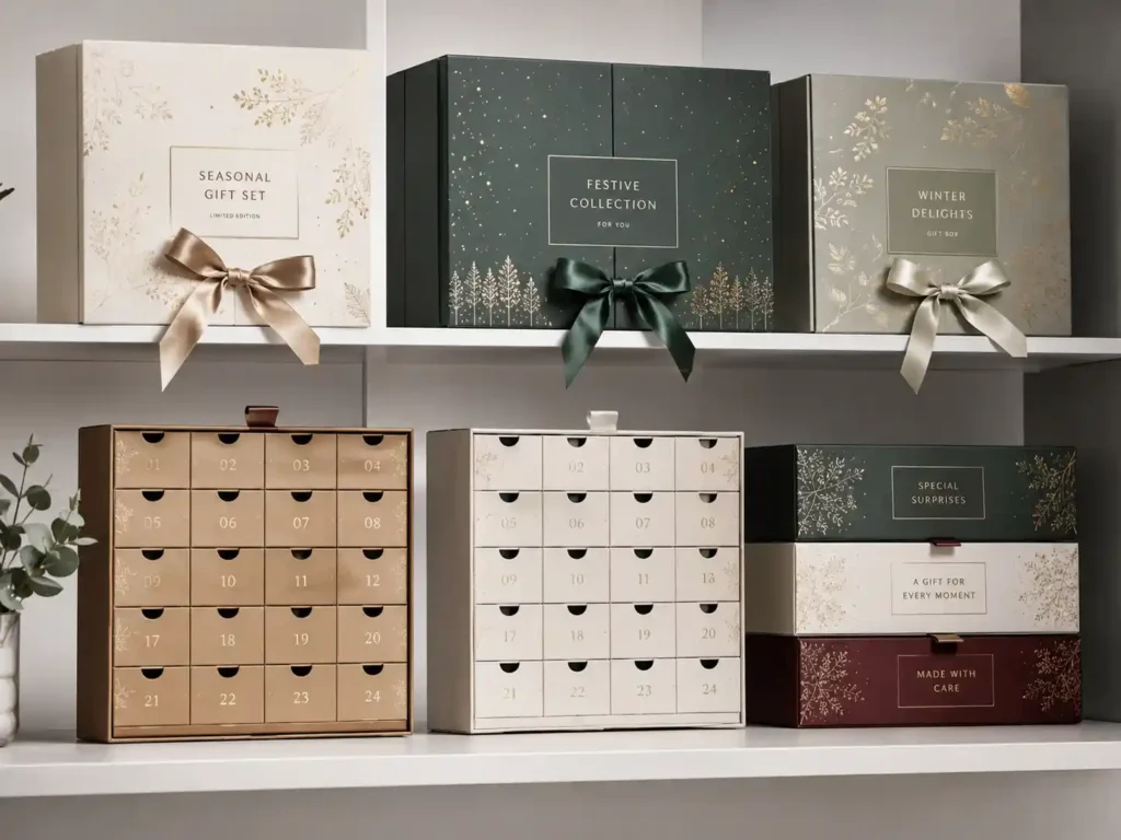Premium custom advent calendar gift set retail presentation with neutral brand-safe packaging and soft natural lighting.