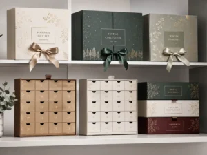 Premium custom advent calendar gift set retail presentation with neutral brand-safe packaging and soft natural lighting.
