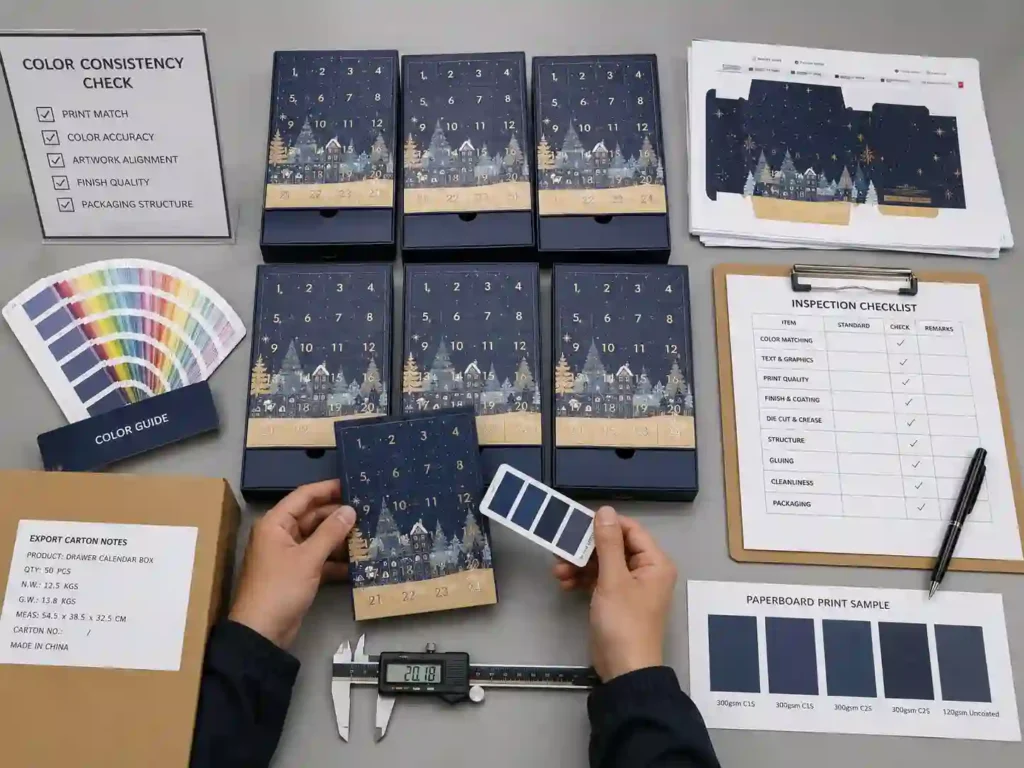 Quality control bench checking color consistency for drawer advent calendar boxes before export packing