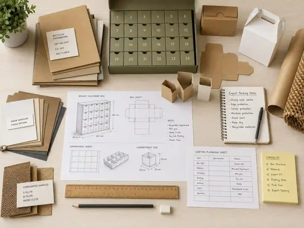 Sustainable export packing planning desk for recyclable flat pack advent calendar boxes.