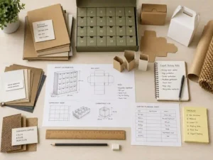 Sustainable export packing planning desk for recyclable flat pack advent calendar boxes.