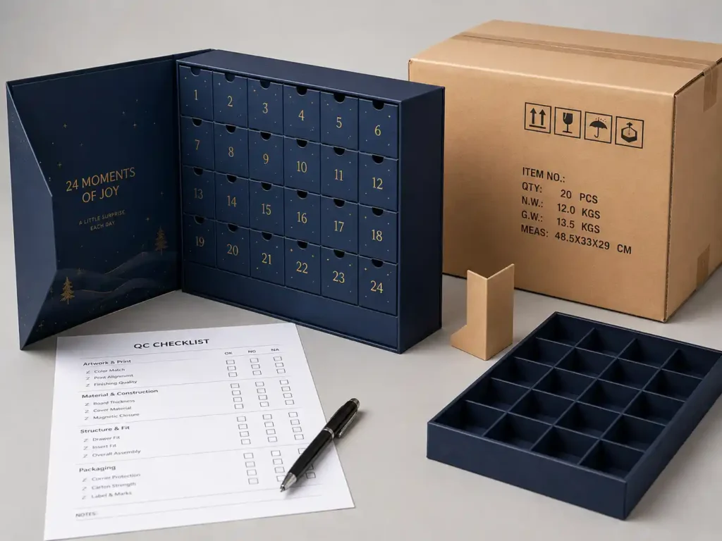 QC and export packing scene for magnetic closure advent calendar boxes