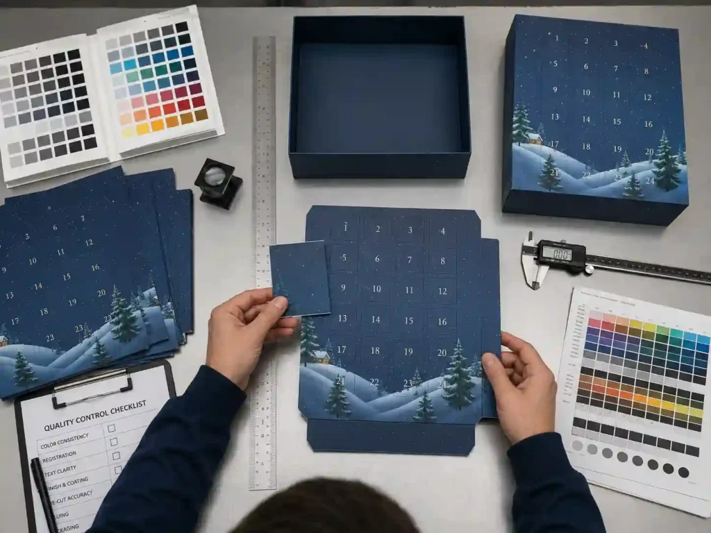 Quality control bench checking color consistency for rigid advent calendar boxes