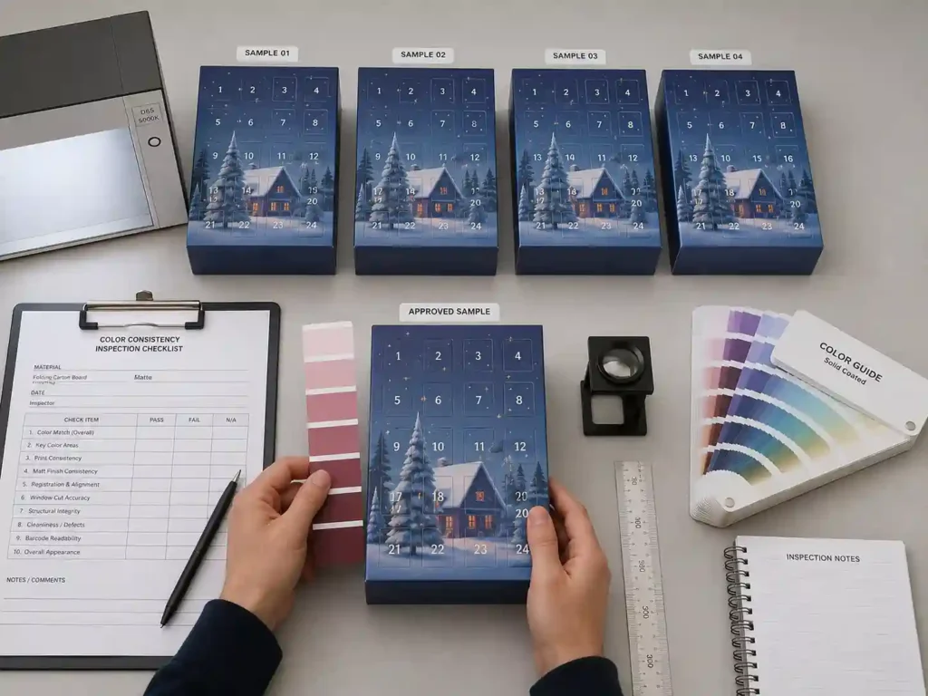 Quality control bench checking color consistency for window advent calendar boxes