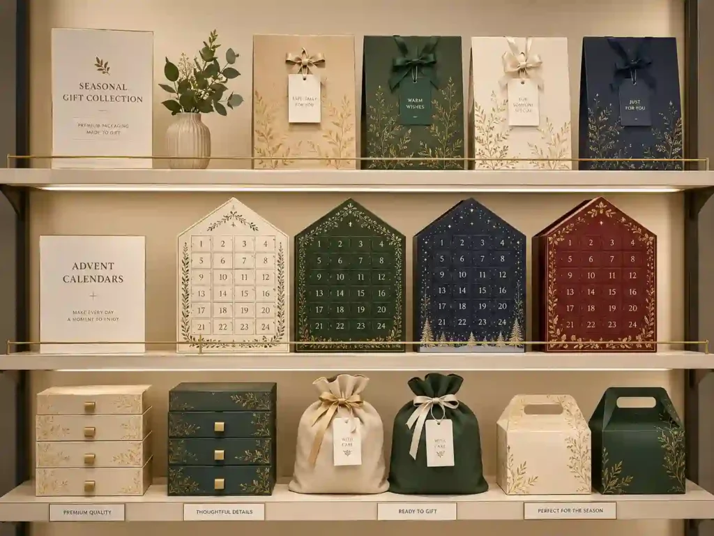 Retail shelf mockup with neutral seasonal window advent calendar boxes