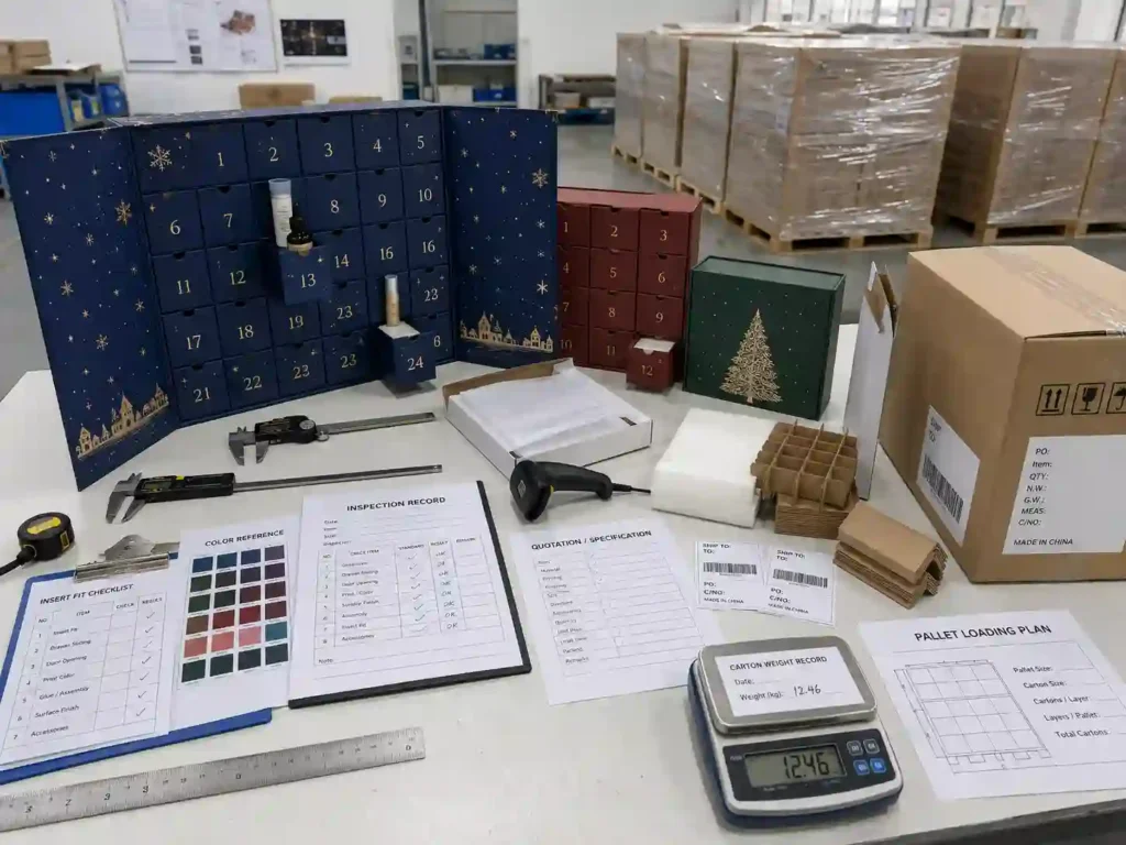 Advent calendar quality inspection, export packing, pallet planning, and quotation preparation