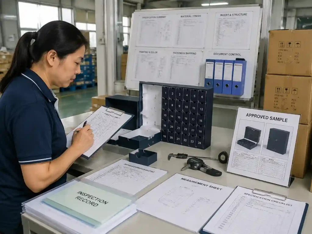 QC staff verifying approved advent calendar box specifications with inspection records, measurements, samples, and supplier documents