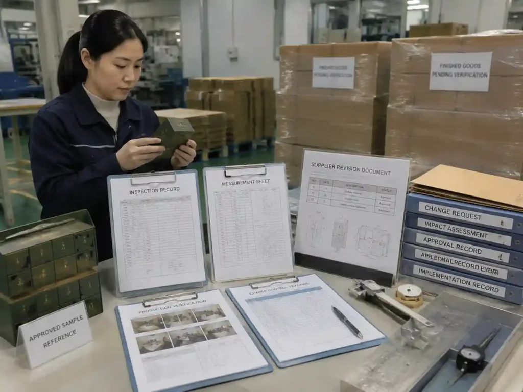 Quality control staff verifying packaging change records, measurements, approved samples, and supplier documents