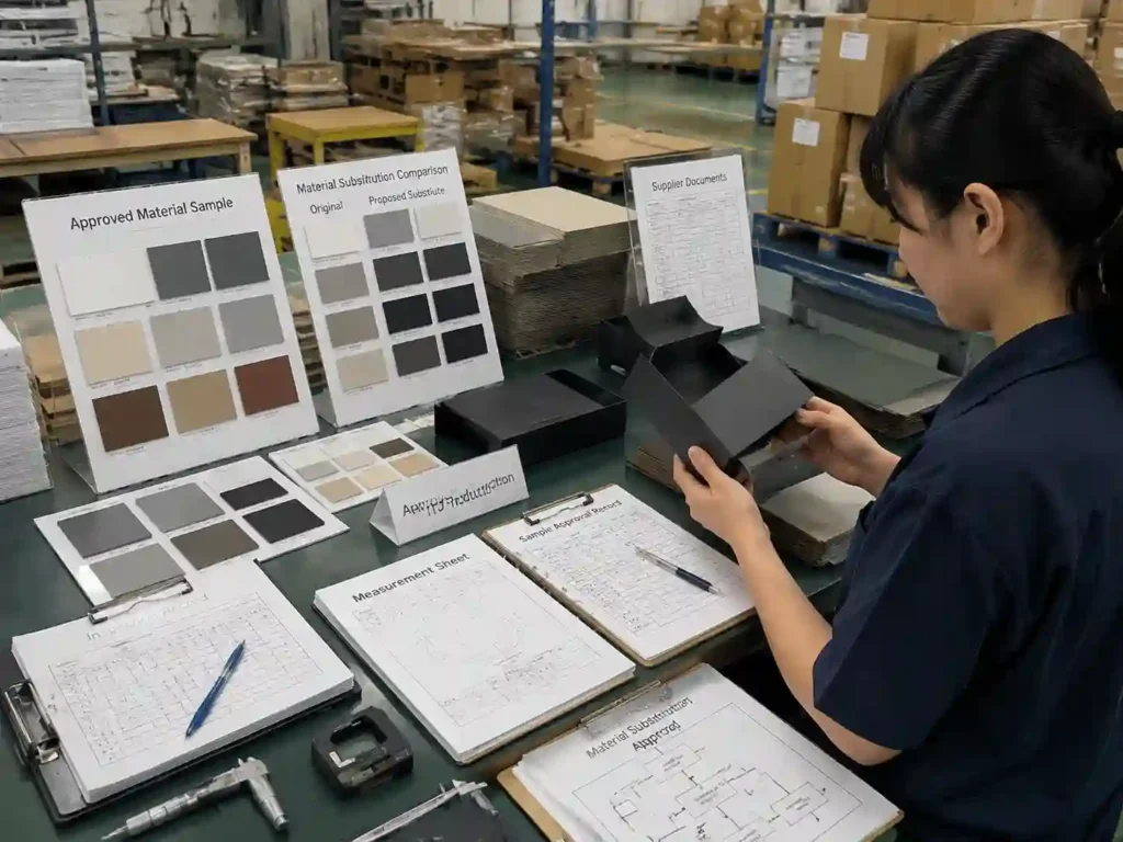 QC staff verifying approved packaging material substitutions through inspection records and supplier documentation.