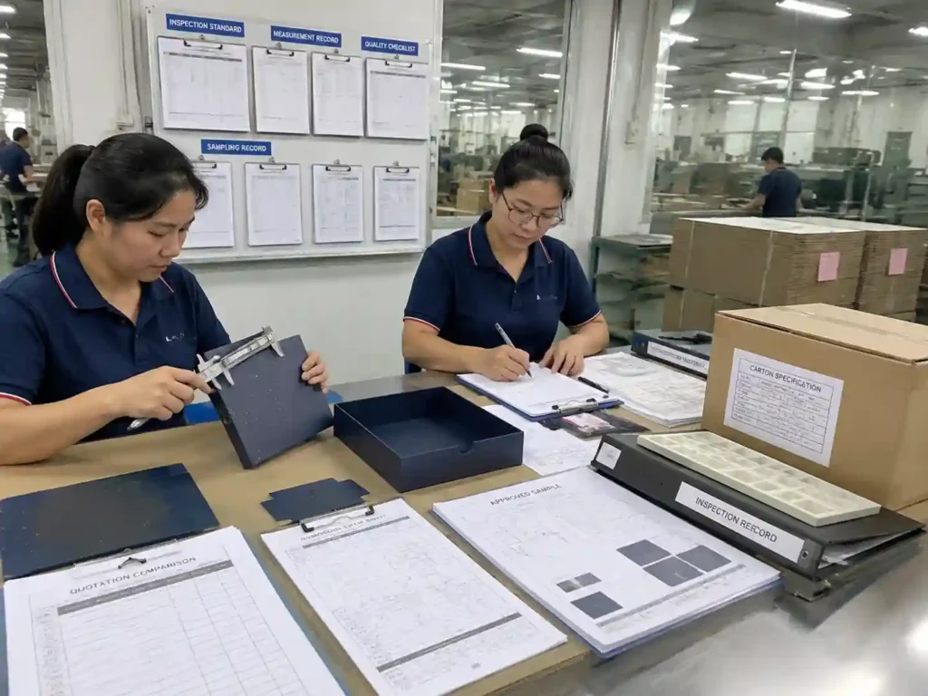 QC staff verifying supplier records and quotation documents for advent calendar quantity pricing