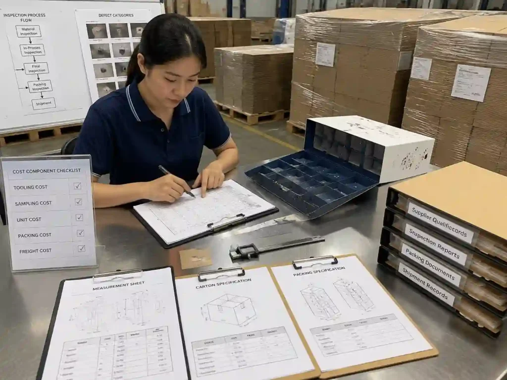 Quality control staff verifying packing and freight-related packaging cost records with inspection documents and cartons.