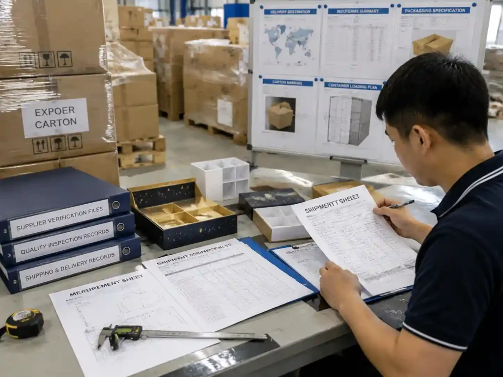 QC staff verifying packaging quotation documents and shipment requirements before delivery