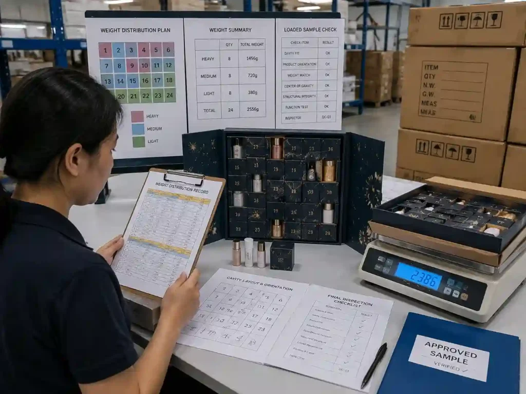QC staff verifying advent calendar weight distribution records, loaded samples, and inspection documents.