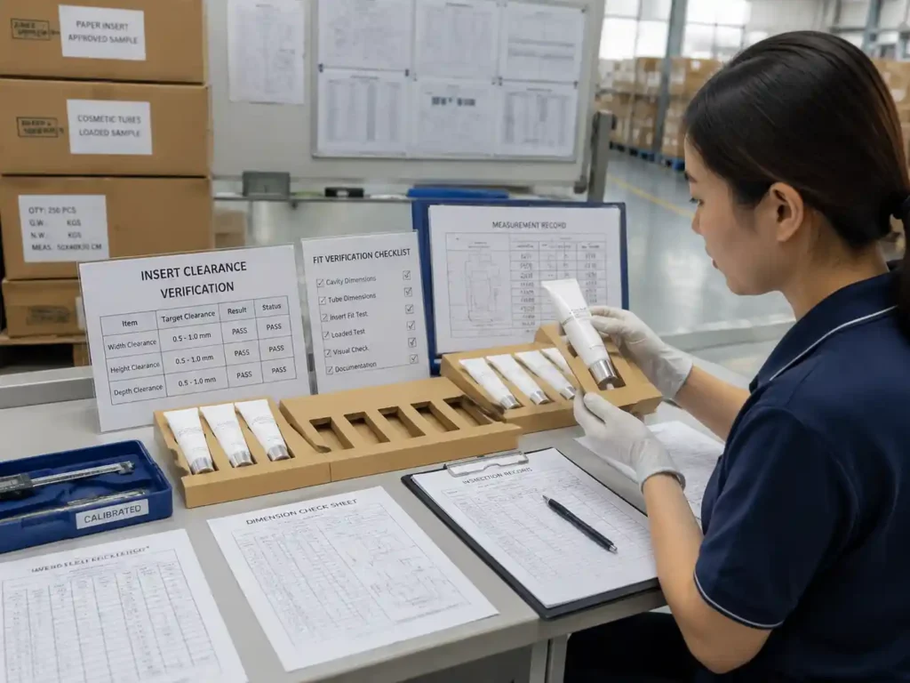 QC staff verifying cosmetic tube insert clearance using inspection records and approved samples.