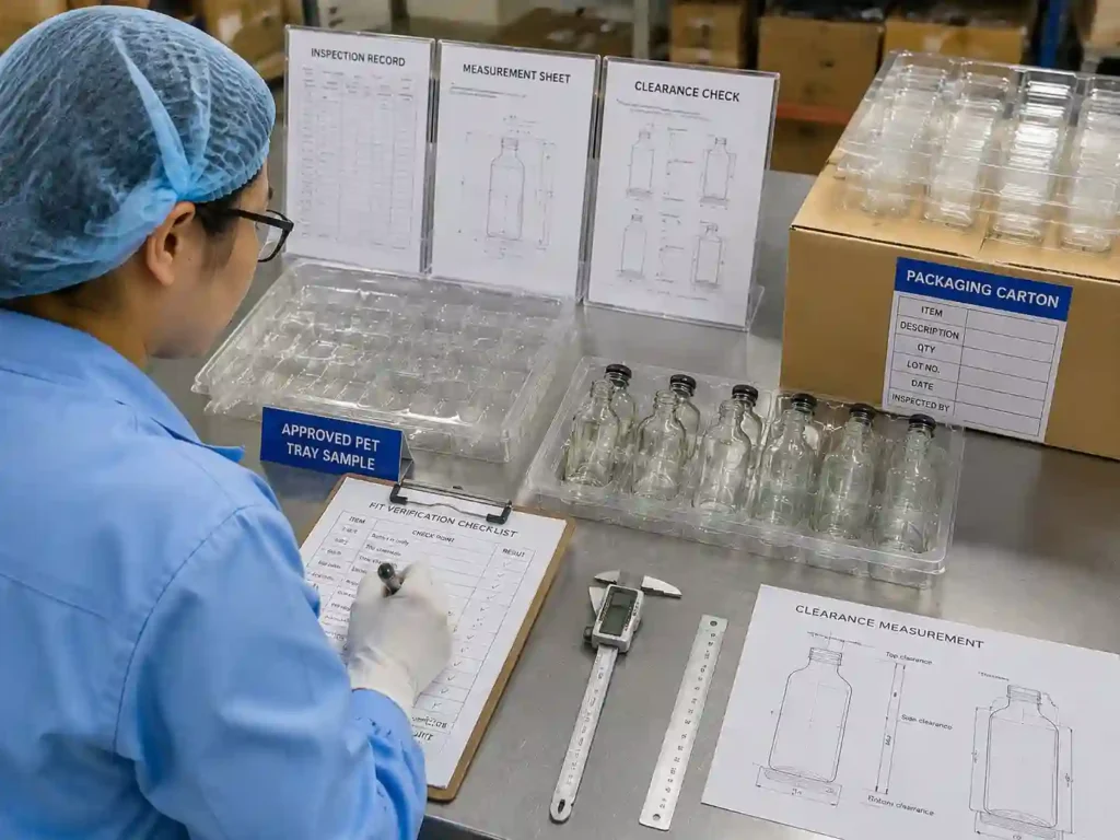 Quality control staff verifying PET tray clearance measurements and approved glass bottle packaging samples