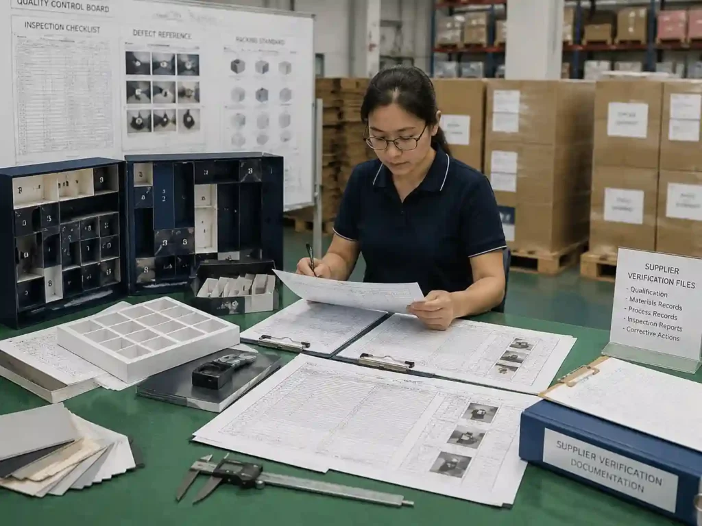 Quality control team verifying supplier quotation records and packaging specifications