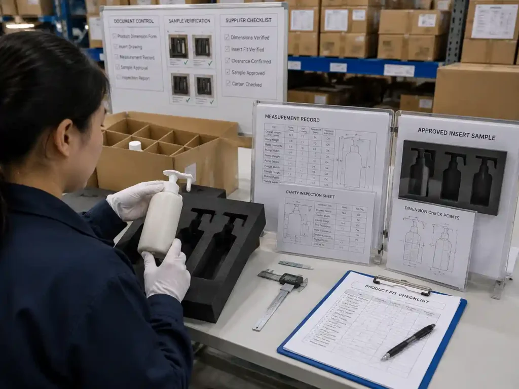 QC staff verifying product measurement records and insert fit checks for protruding packaging components