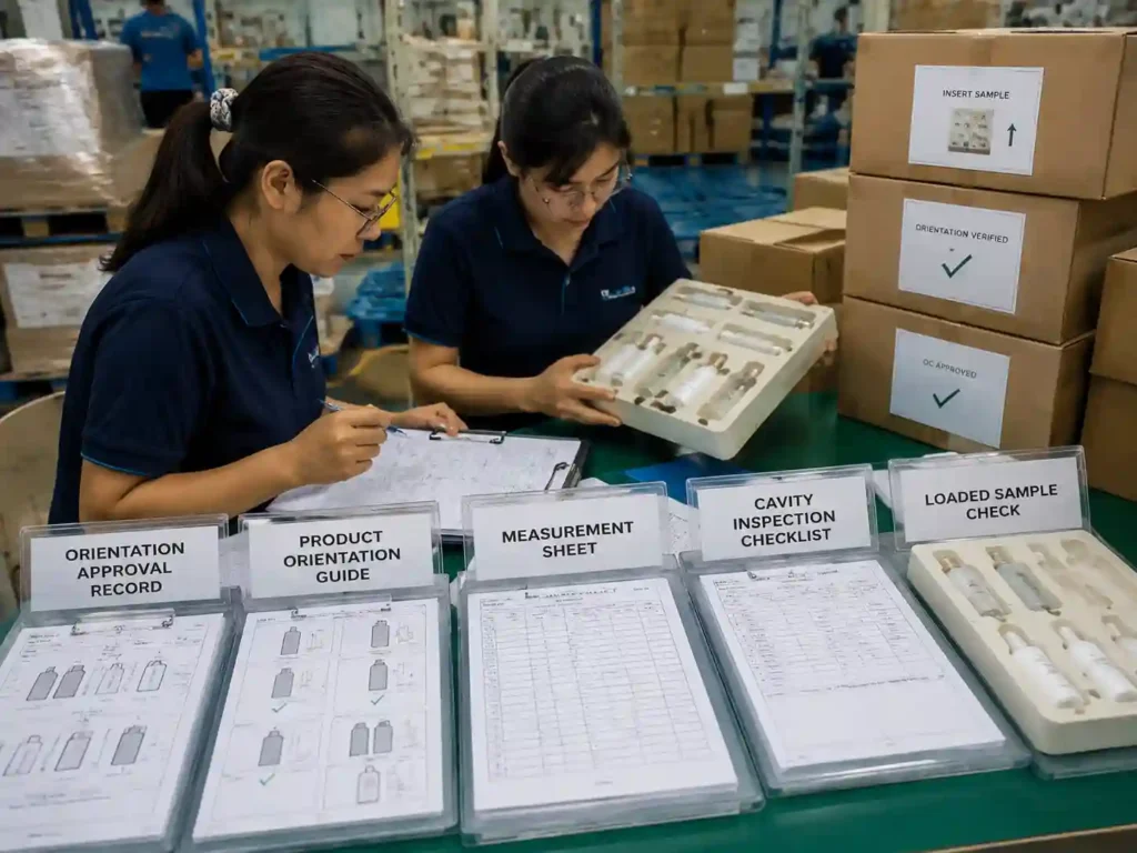 Quality control staff verifying product orientation records, measurements, and insert fit documentation.