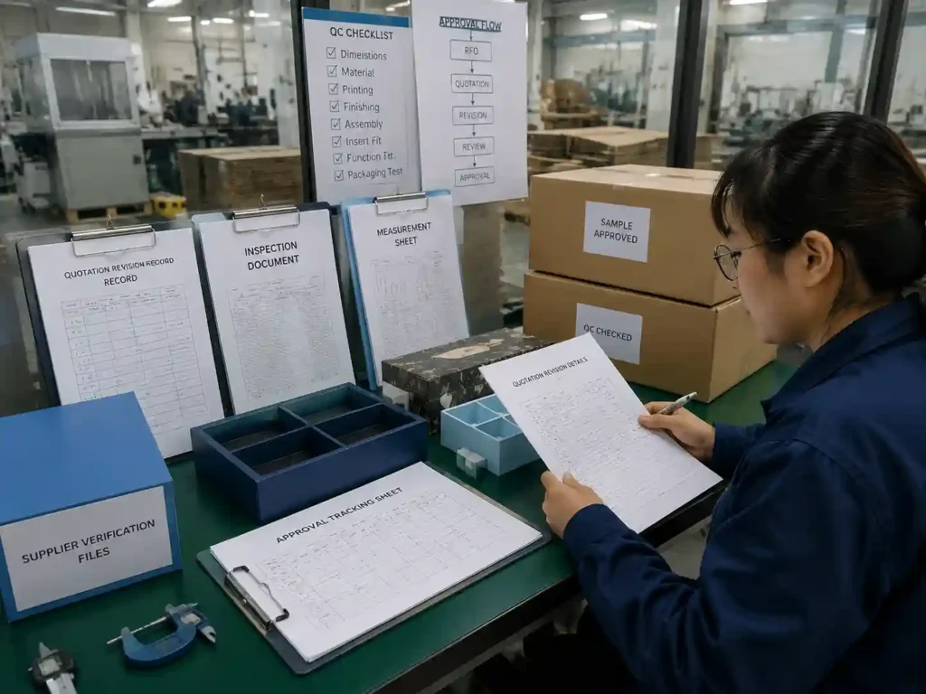 QC staff verifying supplier documents, quotation records, packaging samples, and inspection files before approval.