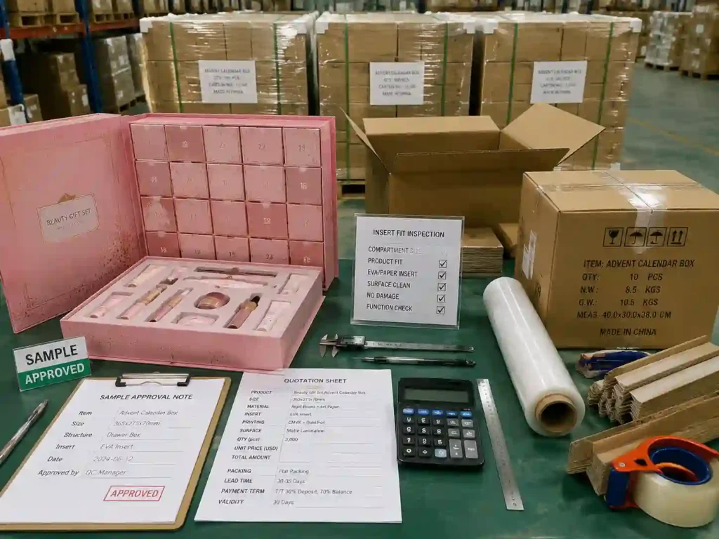 Quality control and export packing inspection for beauty advent calendar boxes before shipment