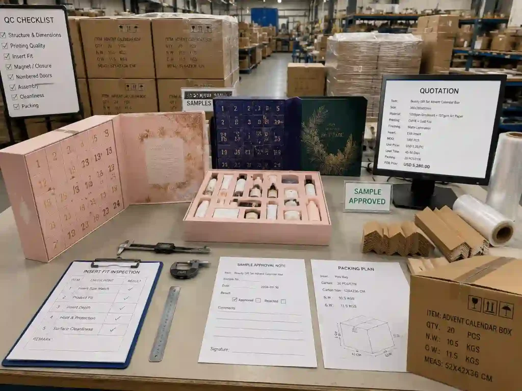 QC and export packing inspection for beauty advent calendar boxes with insert design approval documents
