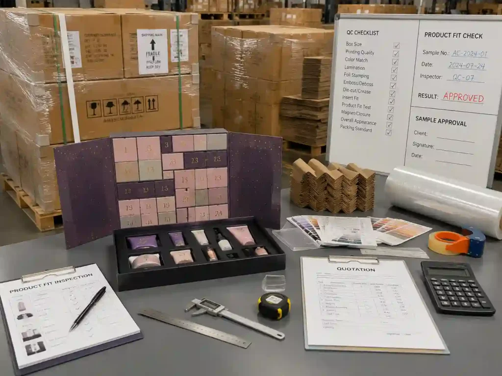 QC export packing and quotation preparation for beauty advent calendar boxes