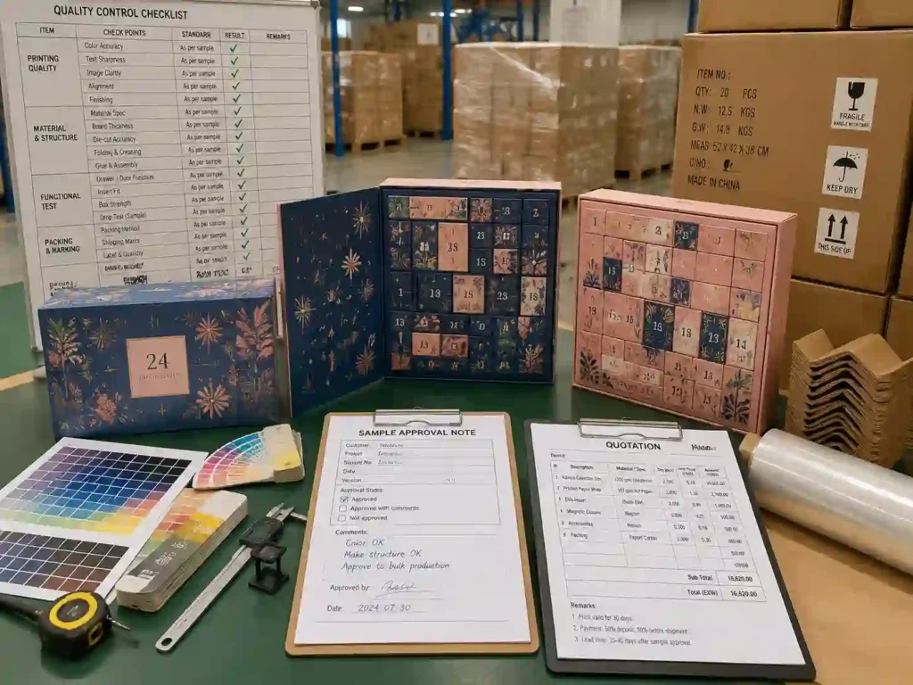 QC and export packing preparation for printed beauty advent calendar boxes