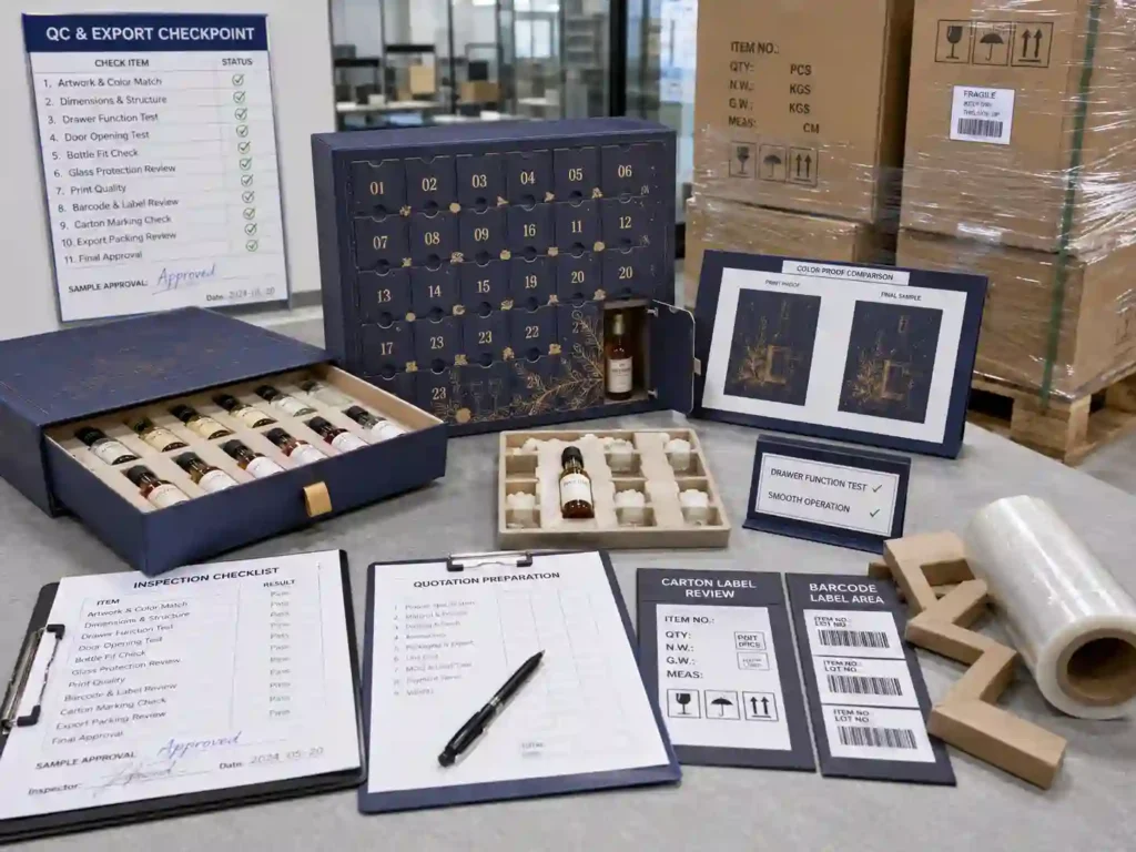 QC and export packing check for beverage advent calendar boxes with cartons, pallet wrap, and sample approval notes