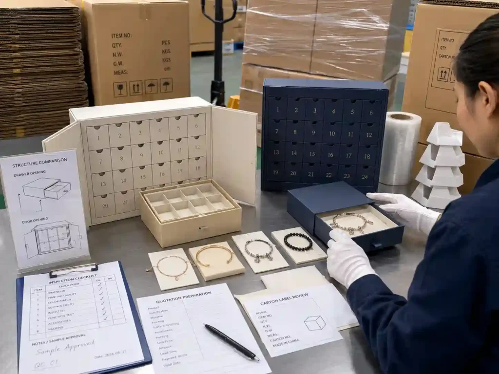 QC and export packing inspection for bracelet advent calendar boxes with cartons and shipping marks