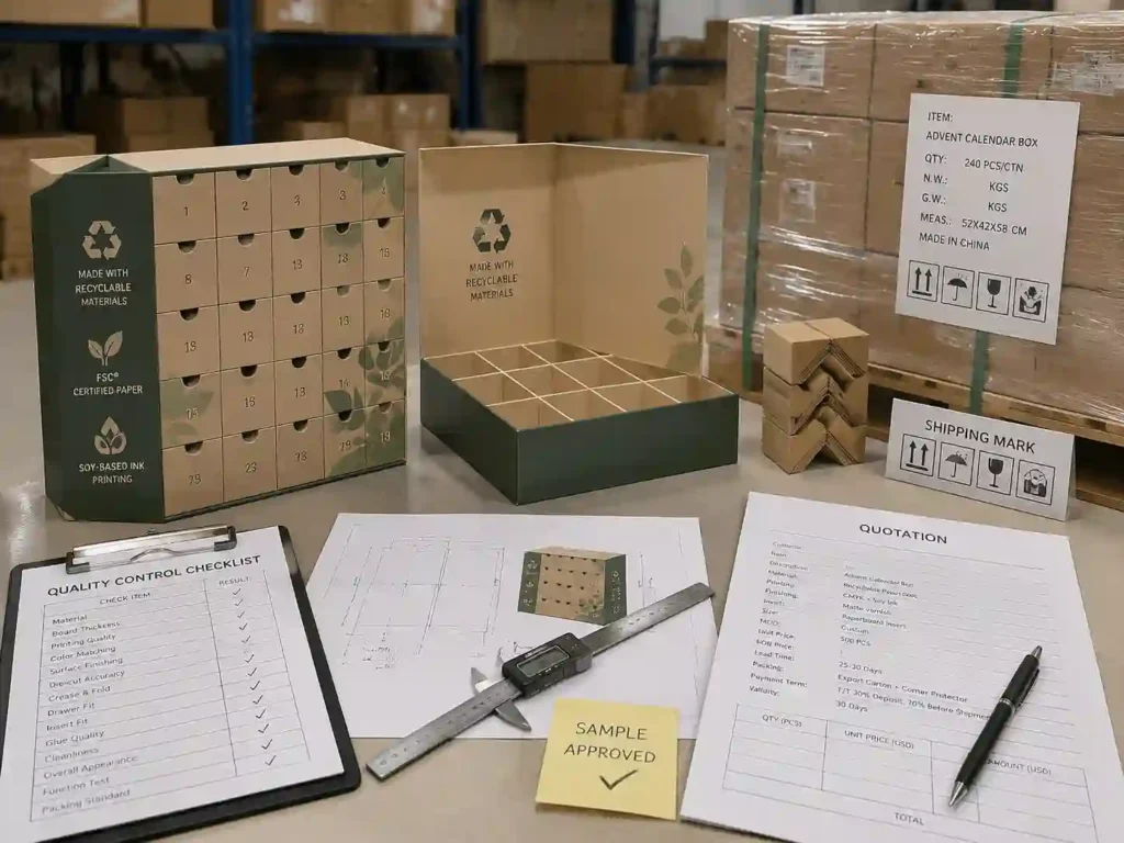 QC inspection and export packing preparation for recyclable advent calendar boxes
