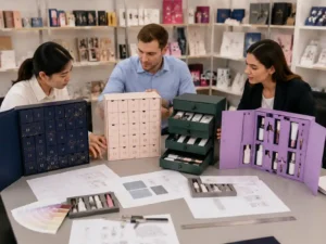 B2B buyers comparing cosmetic sample advent calendar box structures with inserts and product compartments