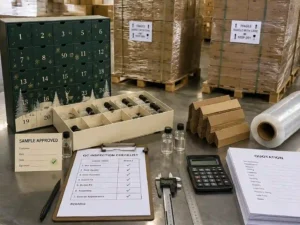 Quality control and export packing inspection for advent calendar boxes holding glass bottles