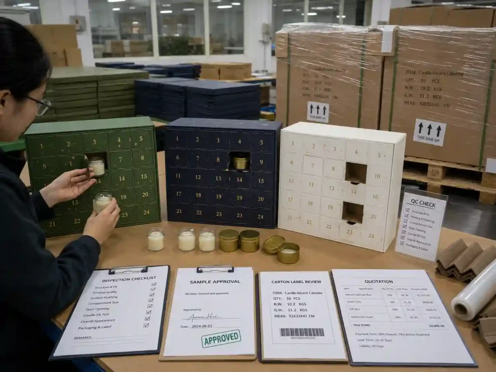 QC and export packing scene for candle advent calendar boxes with inspection checklist, cartons, corner protectors, pallet wrap, and shipping marks
