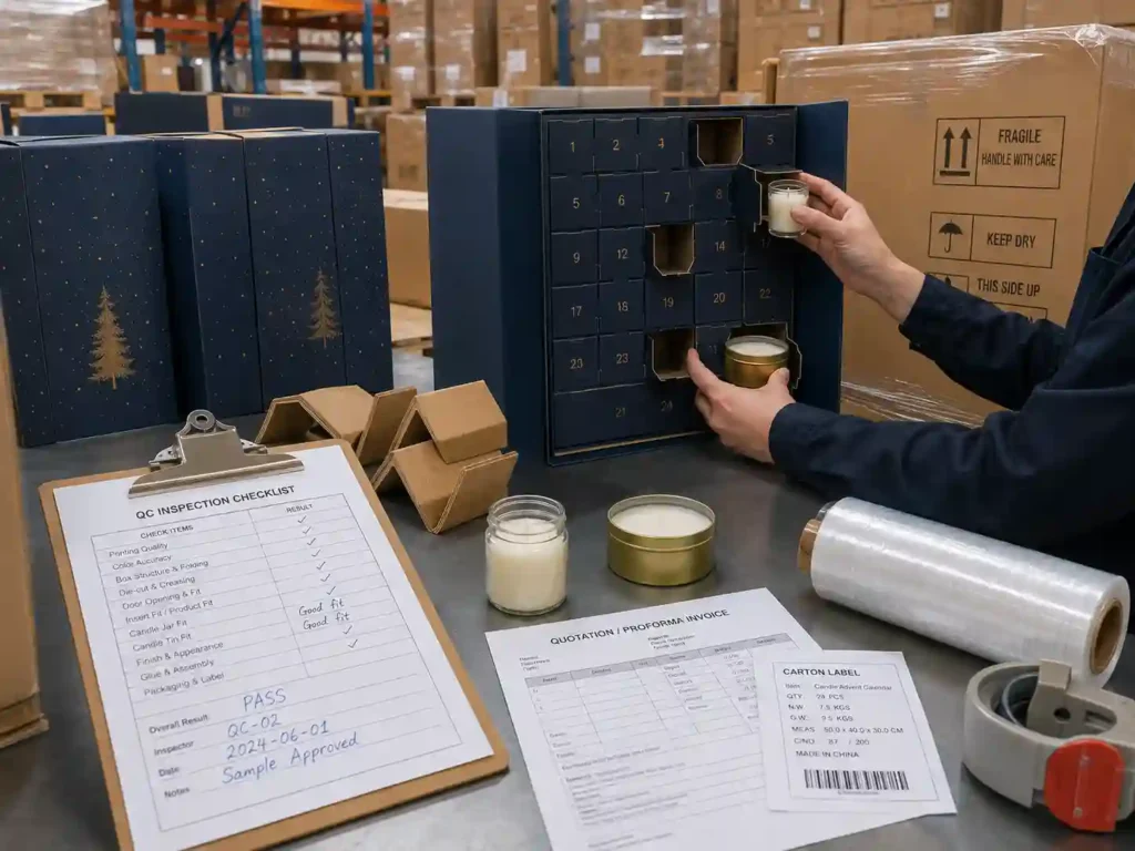 QC and export packing review for candle advent calendar boxes with fit check, inspection notes, cartons, corner protectors, pallet wrap, and shipping marks.