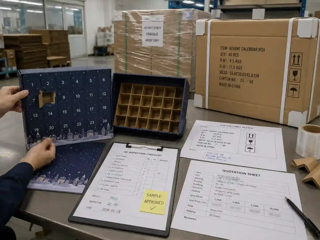 QC and export packing scene for candy advent calendar boxes with cartons, inspection notes, and shipping marks