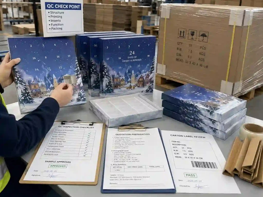 QC and export packing review for candy advent calendar boxes with inspection checklist, cartons, and shipping marks