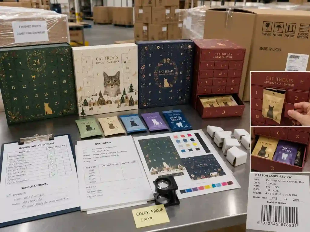 QC and export packing review for custom cat treat advent calendar boxes with cartons and inspection checklist