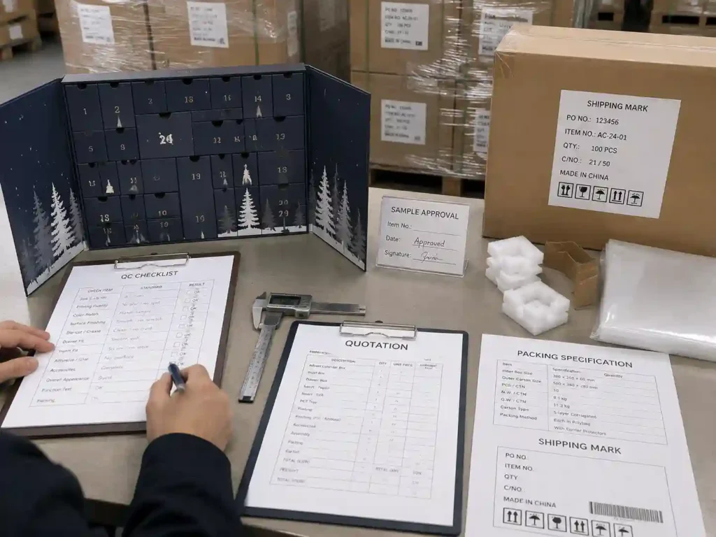 QC inspection and export packing preparation for China advent calendar box manufacturing