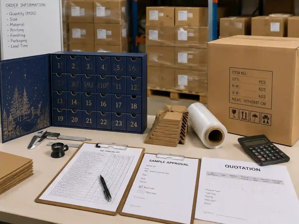 QC inspection and export packing preparation for custom advent calendar box production and quotation approval.